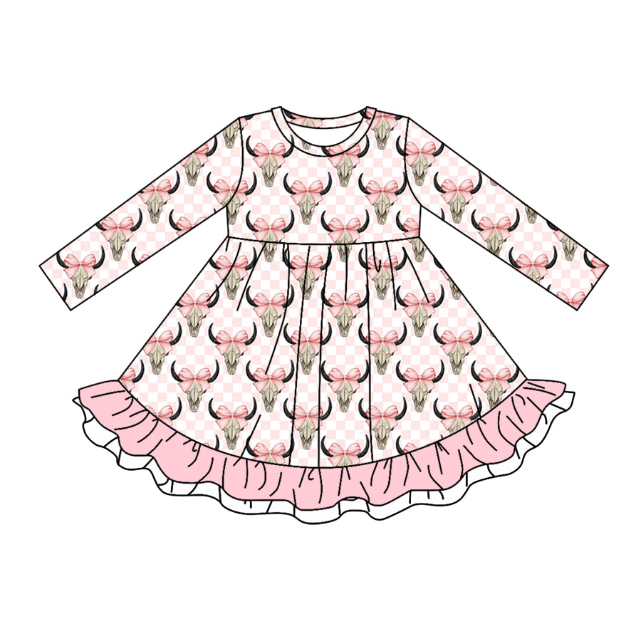 MOQ:5  Pink Cow Girl Long Sleeve Wholesale Boutique Kid Clothing Kid Dresses