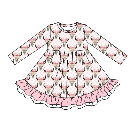 MOQ:5  Pink Cow Girl Long Sleeve Wholesale Boutique Kid Clothing Kid Dresses