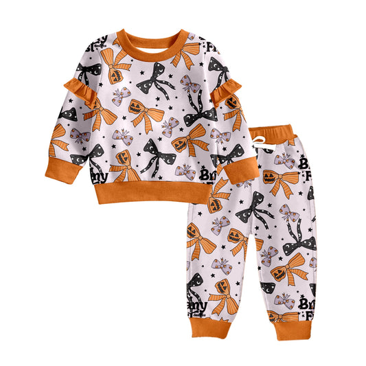 MOQ:5 Orange Bow Kid Long Sleeve Wholesale Boutique Kid Clothing Outfits