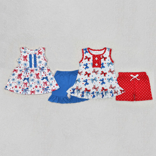 RTS NO MOQ Summer Sibling Baby Girls 4th Of July Sleeveless Bows Tunic Shorts Sets