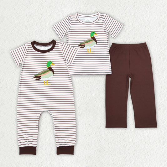 RTS NO MOQ Summer Sibling Baby Boys Duck Brown Embroidery Short Sleeve Stripe Romper Outfits