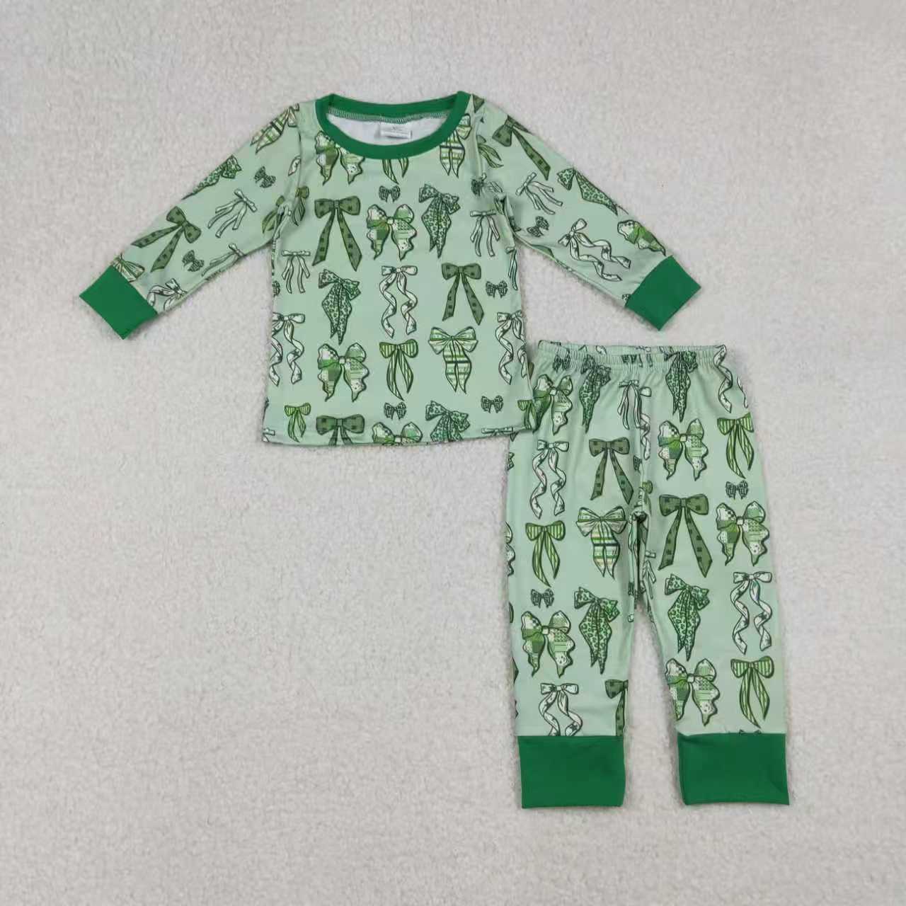 RTS Sibling Girls Kids Long Sleeves Green Clovers Bows St Patrick Zipper Romper Pajamas Set