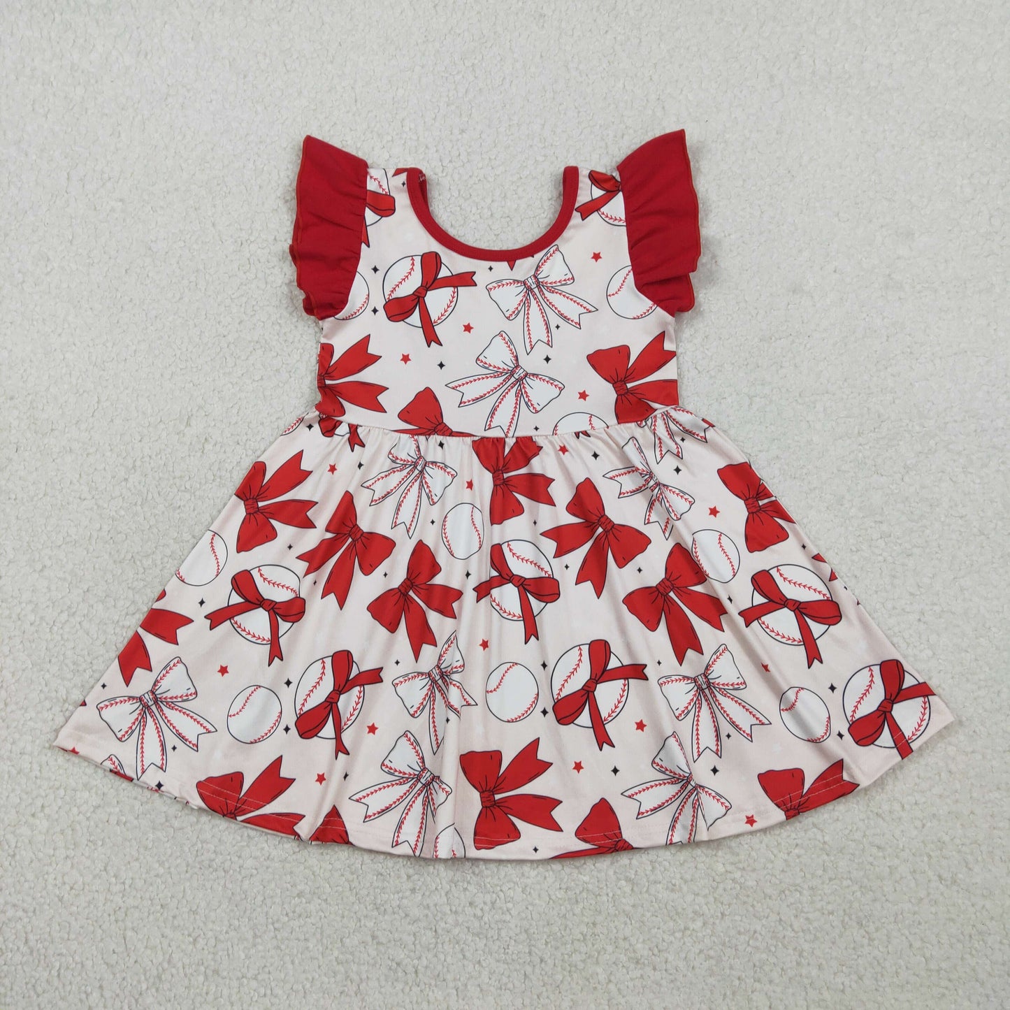 Baby Girls Kids Short Sleeves Baseball Red Bows Knee Length Dress RTS