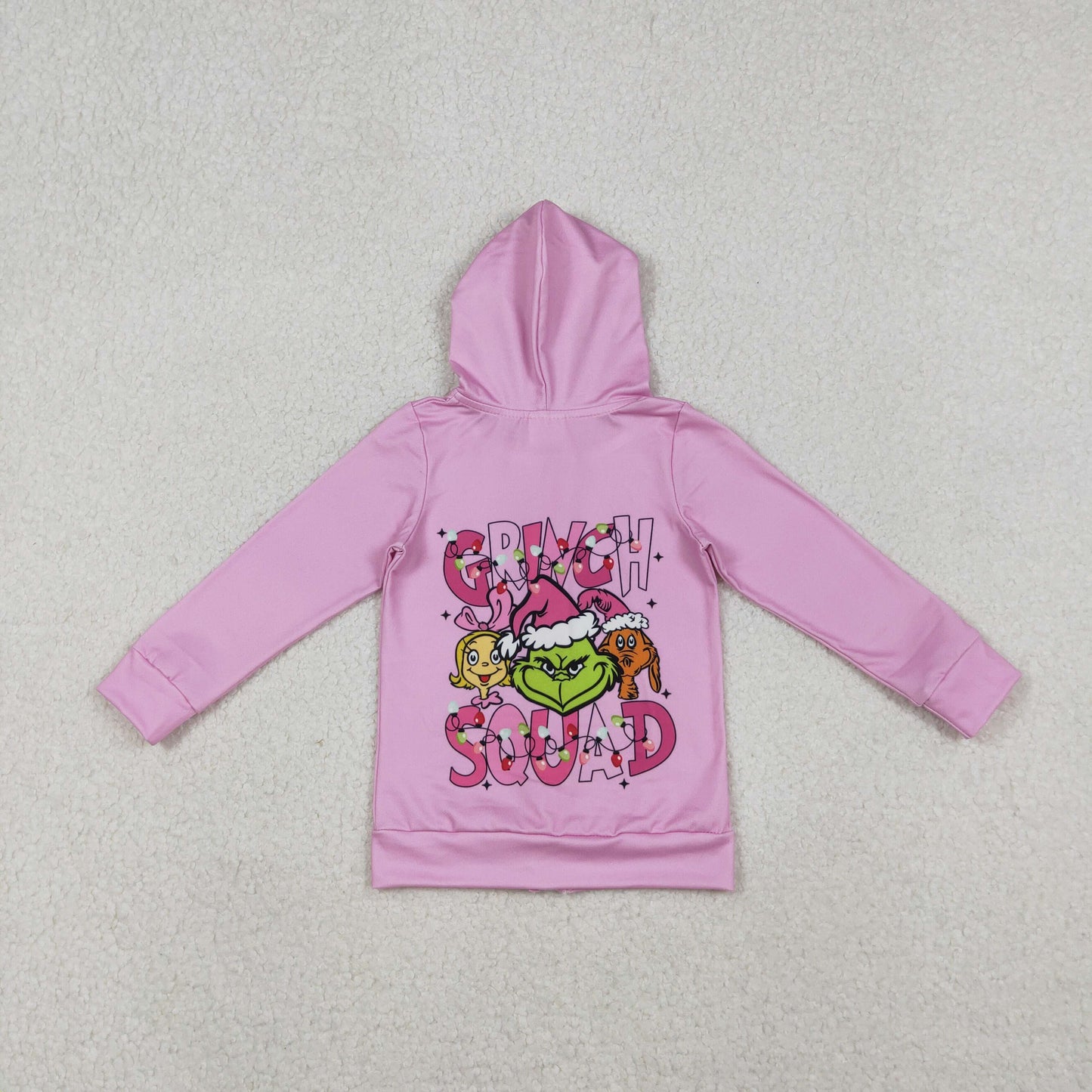 RTS Baby Girl Pink Long Sleeves Green Face Christmas Hoodie Zipper Pockets Tops