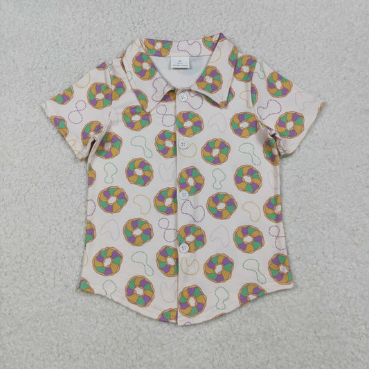 RTS Baby Boys Kids Short Sleeves Mardi Gras donuts Buttons Shirt Tops