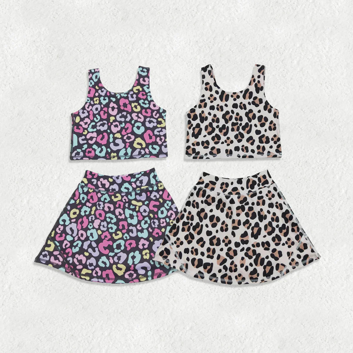 Sibling Baby Girls Kids Sleeveless Leopard Tops Skorts Shorts Yoga Active Sibling Sets RTS
