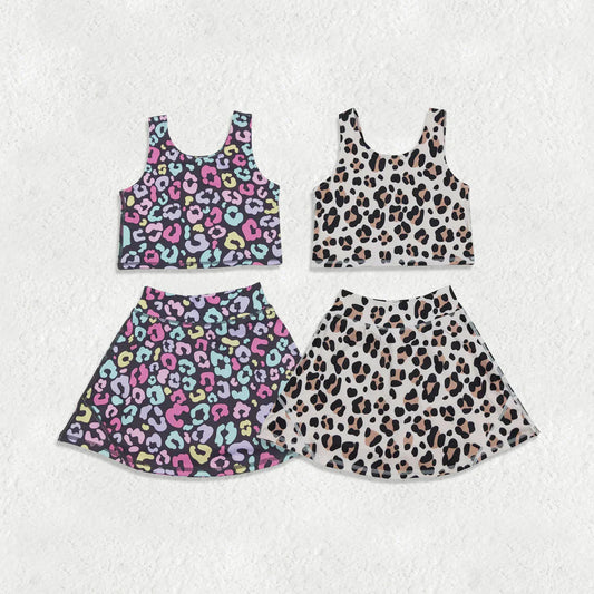 Sibling Baby Girls Kids Sleeveless Leopard Tops Skorts Shorts Yoga Active Sibling Sets RTS