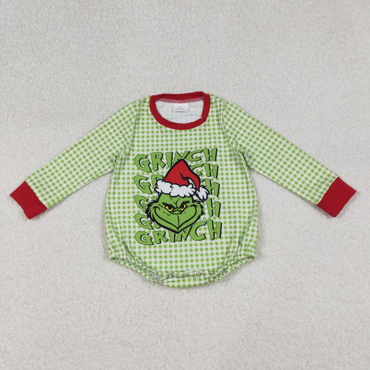 RTS Baby Boy Long Sleeves Green Face Christmas Bubble Plaid Romper