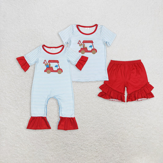 RTS NO MOQ Summer Sibling Baby Girls Red Short Sleeve Golf Rompers Outfits Clothes Sets
