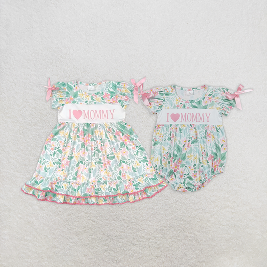 RTS NO MOQ Summer Sibling Baby Girls Pink Flowers I Love Mommy Rompers Dresses