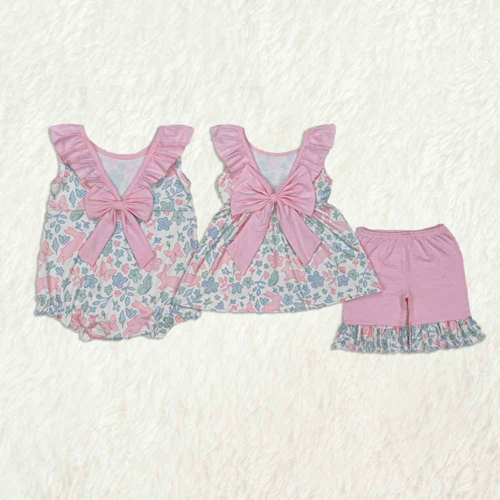 5.24 RTS NO MOQ Summer Sibling Baby Girls Pink Easter Rabbits Rompers Outfits Sets