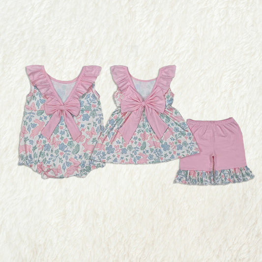 5.24 RTS NO MOQ Summer Sibling Baby Girls Pink Easter Rabbits Rompers Outfits Sets