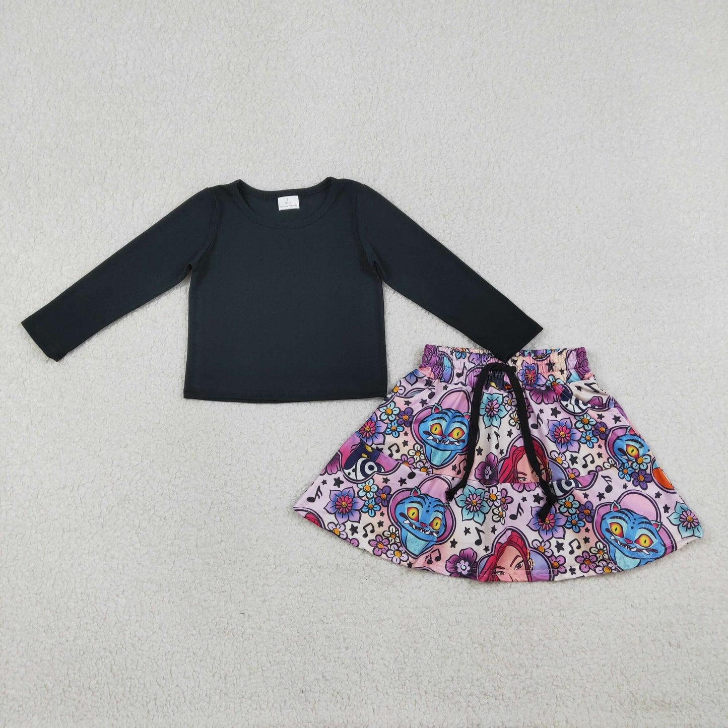 RTS Baby Girls Kids Black Long Sleeves Shirt Movie Characters Flower Pockets Skort Set