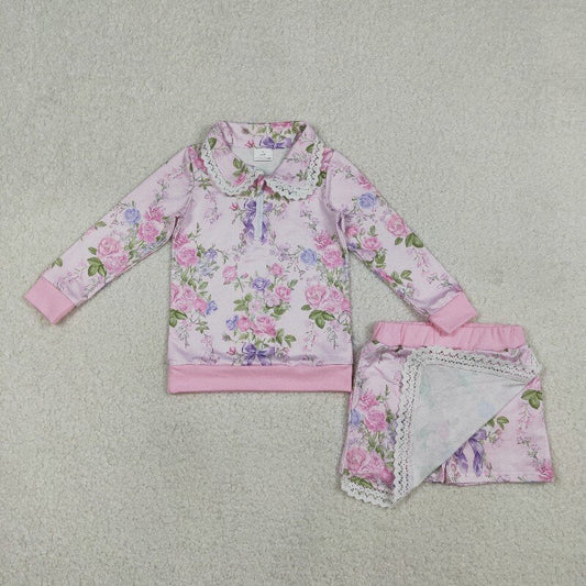 RTS Baby Girls Kids Long Sleeves Flower Zipper Tops Shorts Skirt Pink Clothes Set