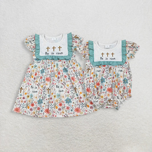 RTS Sibling Baby Girls Short Sleeves Crosses Flower Easter Romper Knee Length Dress