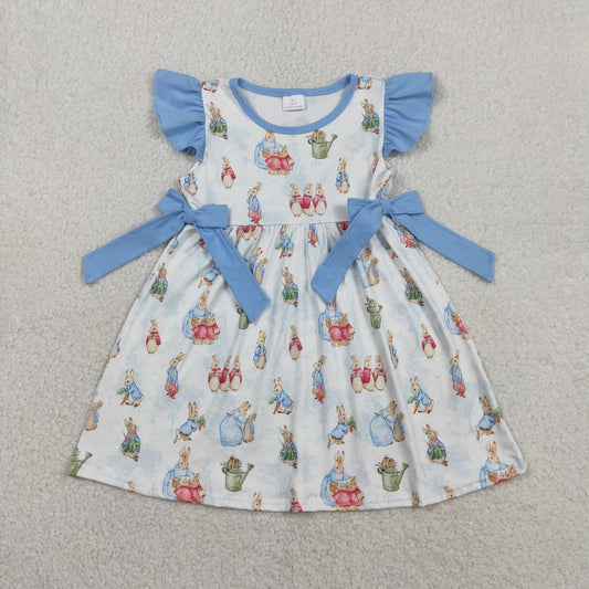 RTS Baby Girls Kids Short Sleeves Rabbits Blue Bows Easter Knee Length Dress
