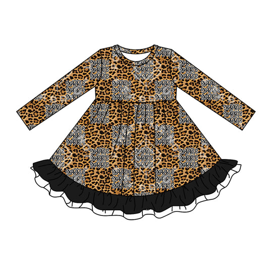 MOQ:5  Leopard Girl Long Sleeve Wholesale Boutique Kid Clothing Kid Dresses