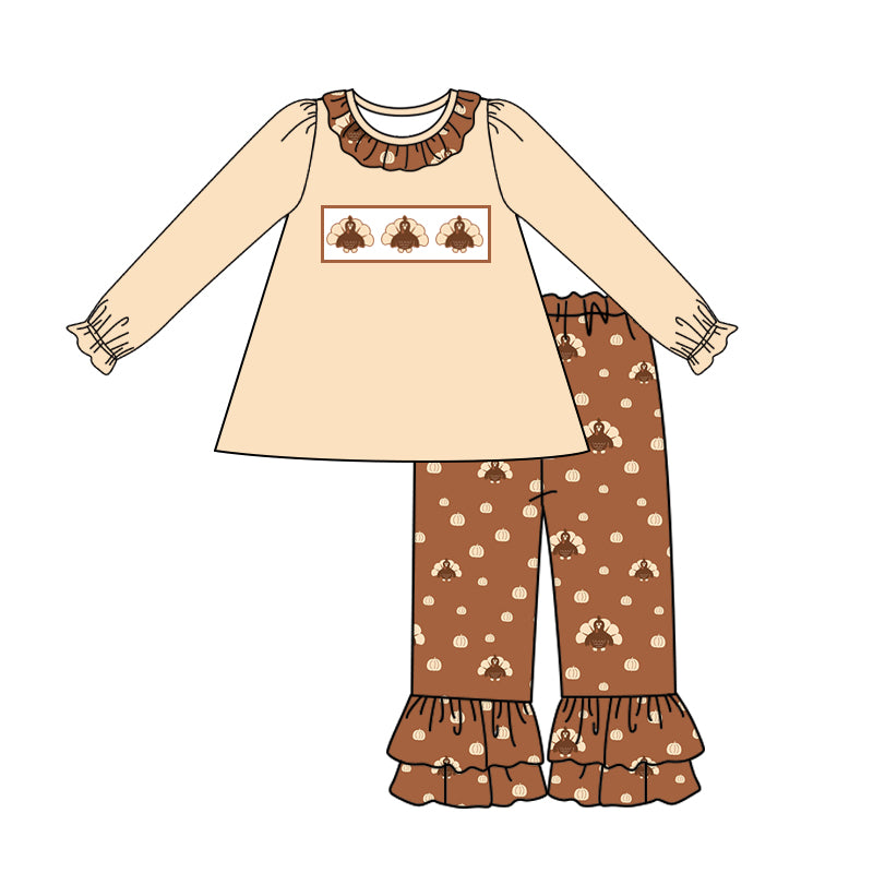 MOQ:5  Brown Turkey Long Sleeve Wholesale Boutique Kid Clothing Set