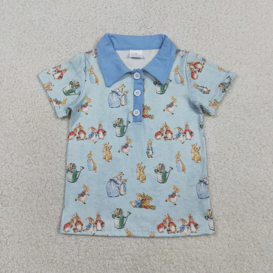 Baby Boys Short Sleeves Rabbits Easter Buttons Blue Shirt Tops RTS