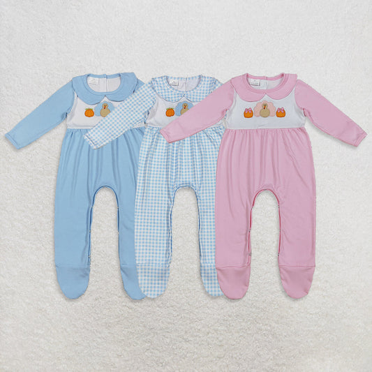 RTS Sibling Boys Girls Infant Fall Embroidery turkey Pumpkins Thanksgiving Footies Romper
