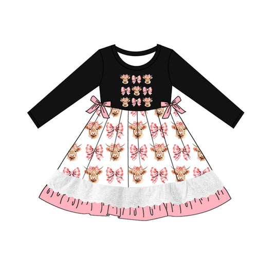 MOQ:5  Black Cute Cow Girls Long Sleeve Wholesale Boutique Kid Clothing Kid Dresses