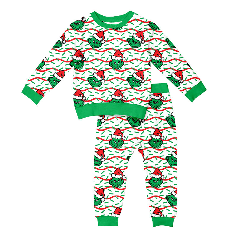 MOQ:5 Christmas Green Cute Children Long Sleeve Wholesale Boutique Kid Clothes Sets