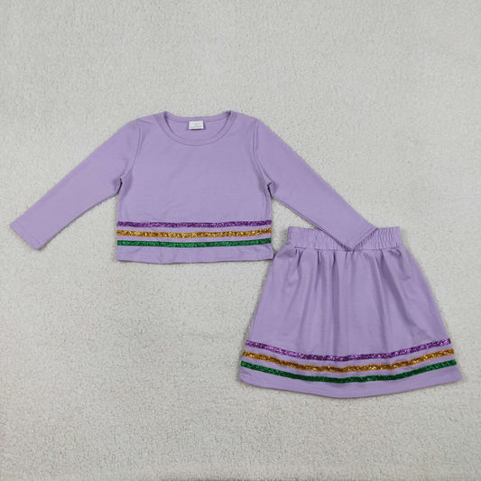 RTS Baby Girls Long Sleeves Stripes Shirt Shorts Skirt Mardi Gras Purple Clothes Set