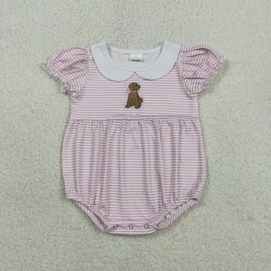 RTS Baby Girls Infant Short Sleeves Pink Stripes Embroidery Dog Bubble Romper