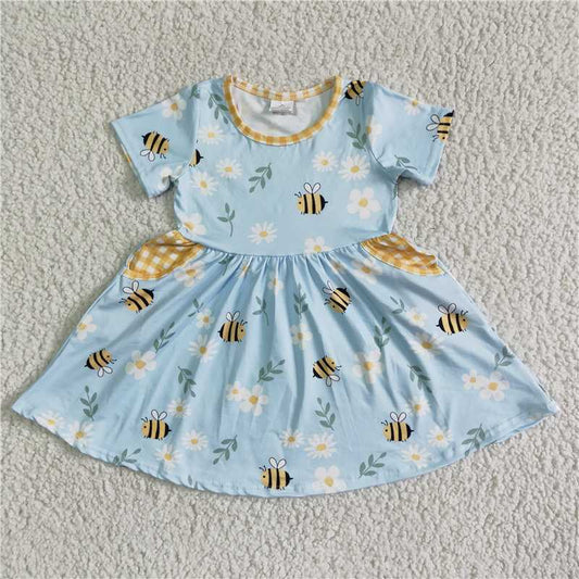 8.7 RTS NO MOQ Summer Baby Girls Dresses GSD0021 Short sleeve bee knee length pocket dresses