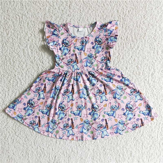 8.7 RTS NO MOQ Summer Baby Girls Dresses GSD0012 Flutter sleeve animal lavender knee length summer dresses
