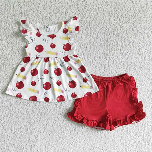 RTS NO MOQ Baby Girls Summer Sets GSSO0121 Apple pencil ABC Back To School Shorts Sets