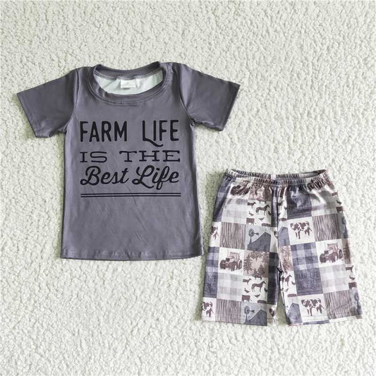 8.12 RTS NO MOQ Baby Boys kids Summer Sets BSSO0029 Farm life grey shorts sets