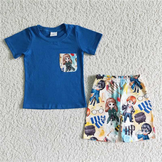 8.11 RTS NO MOQ Baby Boys kids Summer Sets BSSO0048 Blue shirt pocket boy magic boutique clothing