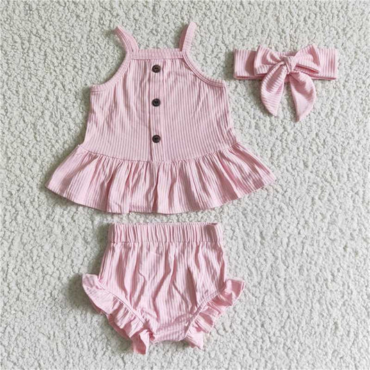 5.24 RTS NO MOQ Baby Girls Summer Outifts GBO0054 Sleeveless Cotton Pink Bummie Sets