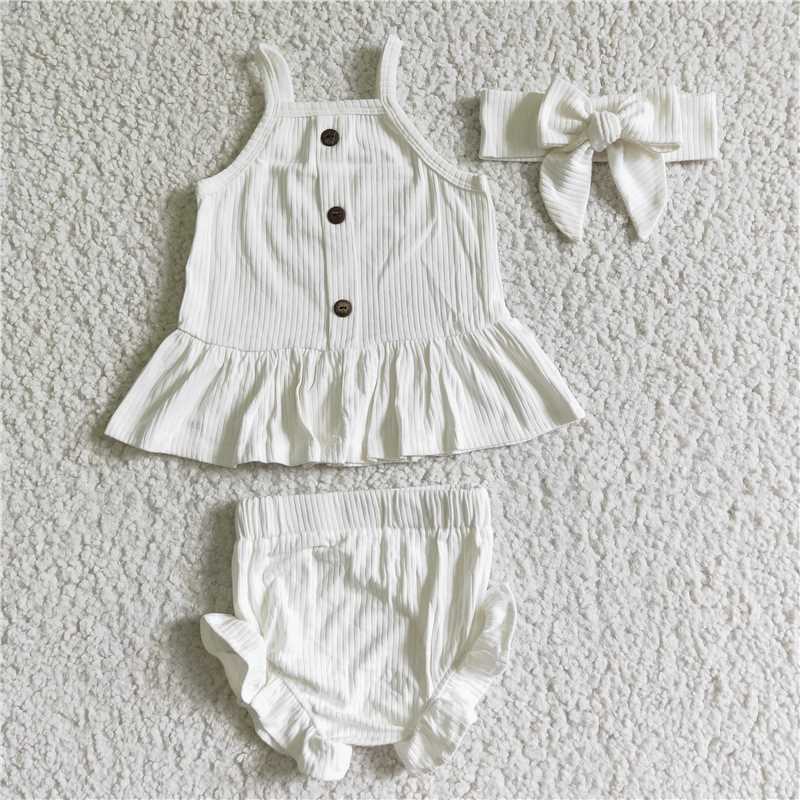 5.24 RTS NO MOQ Baby Girls Summer Outifts GBO0055 Cotton White Ribbed Bummie Sets
