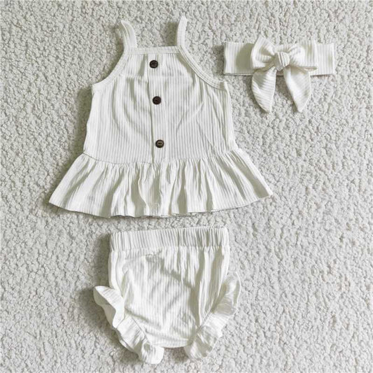 5.24 RTS NO MOQ Baby Girls Summer Outifts GBO0055 Cotton White Ribbed Bummie Sets