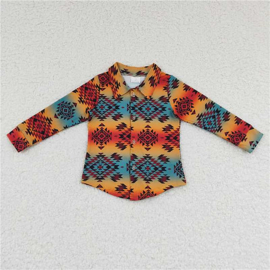 7.10 RTS NO MOQ Baby Boys Long Sleeve BT0129 Western Aztec Long Sleeve Button Up Shirts