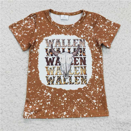 7.25 RTS NO MOQ Summer Baby Girls Short Sleeve GT0115 Cow Skull Brown Bleached  T-shirts Tops