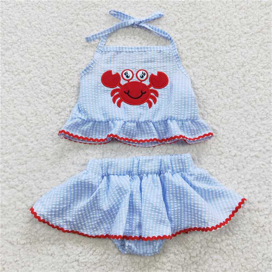 RTS NO MOQ Baby Girls Summer Outifts S0081 Two Pieces Crab Seersucker Bummie Sets