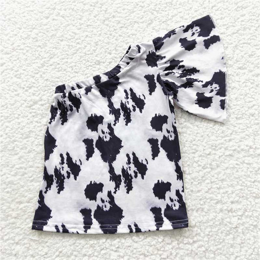 7.24 RTS NO MOQ Summer Baby Girls Short Sleeve GT0168 Cow Western One Shoulder Shirts Tops