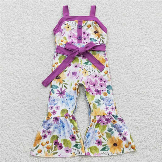 6.25 RTS NO MOQ Summer Baby Girls Bodysuit SR0301 Purple Flowers Strap Bell Bottom Jumpsuits