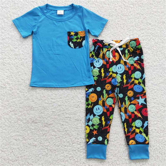 7.19 RTS NO MOQ Baby Boys Summer Sets BSPO0131 Pocket Tee Shirt Smile Pants Clothes Sets
