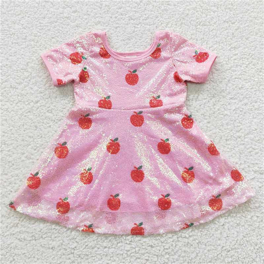 8.2 RTS NO MOQ Summer Baby Girls Dresses GSD0437 Back To School Apple Sequin Knee Length Dresses
