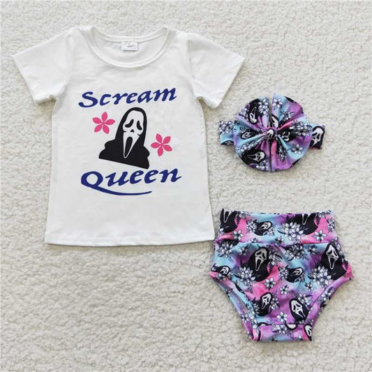 5.24 RTS NO MOQ Baby Girls Summer Outifts GBO0170 Halloween Scream Queen Floral Bummie Sets