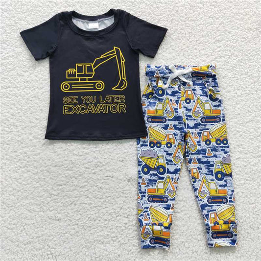 7.19 RTS NO MOQ Baby Boys Summer Sets BSPO0132 Excavator Shirt Pants Clothes Sets