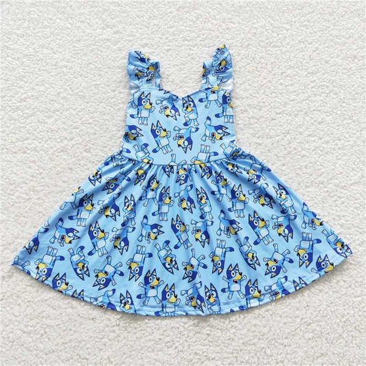 8.2 RTS NO MOQ Summer Baby Girls Dresses GSD0421 Blue Dogs Knee Length Ruffle Dresses