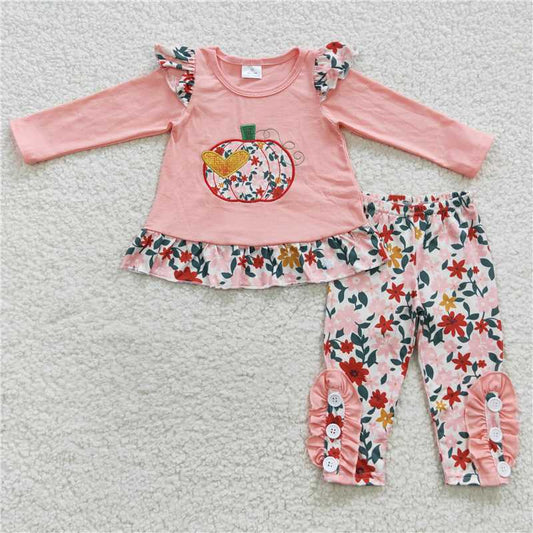 GLP0426 Pink embroidered love heart pumpkin floral small flying sleeve long sleeve pants suit