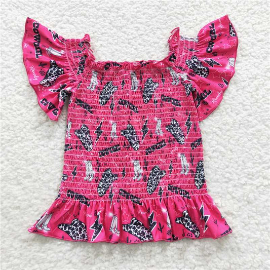 6.5 RTS NO MOQ Summer Baby Girls Short Sleeve GT0181 Western Elastic Cowgirl Off Shoulder Shirts Tops