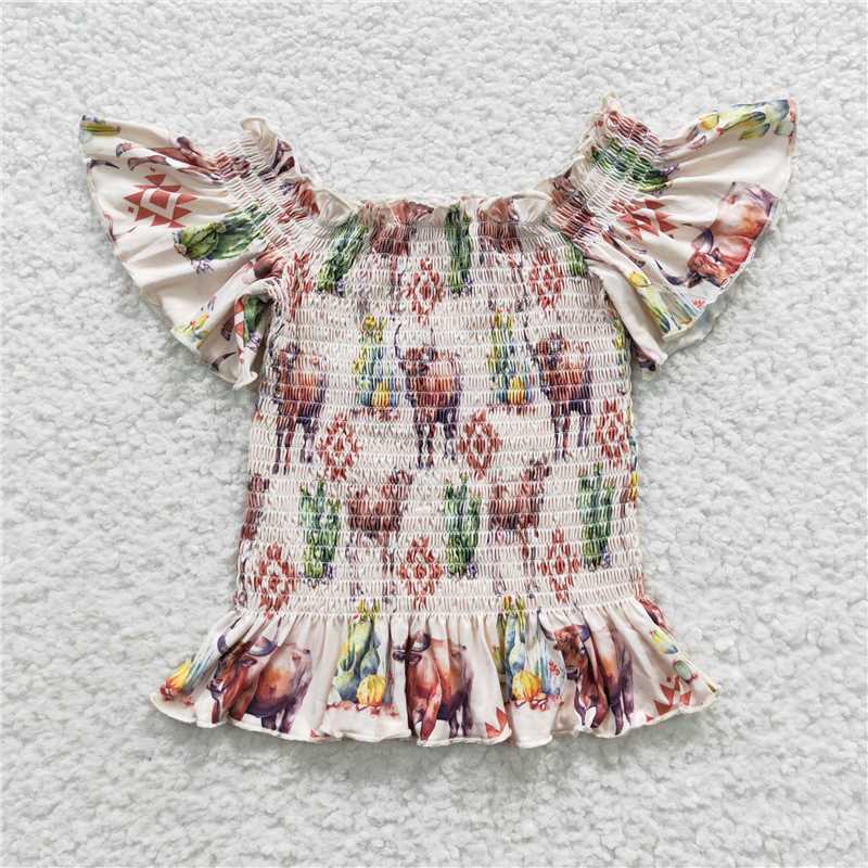 6.5 RTS NO MOQ Summer Baby Girls Short Sleeve GT0182 Western Elastic Cow Off Shoulder Shirts Tops