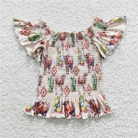 6.5 RTS NO MOQ Summer Baby Girls Short Sleeve GT0182 Western Elastic Cow Off Shoulder Shirts Tops